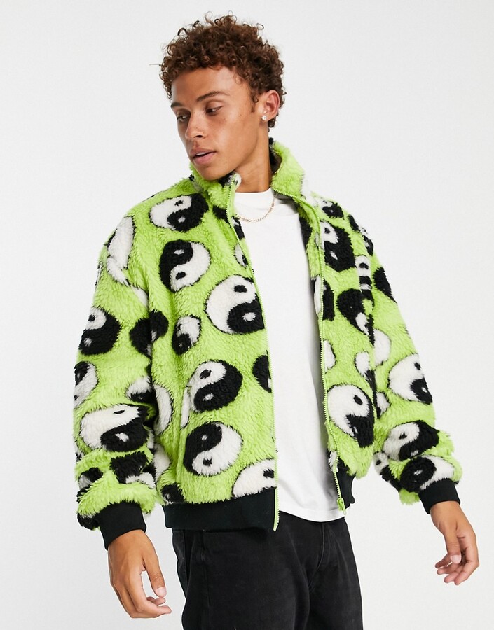 asos-design-graphic-printed-borg-walker-jacket-in-green